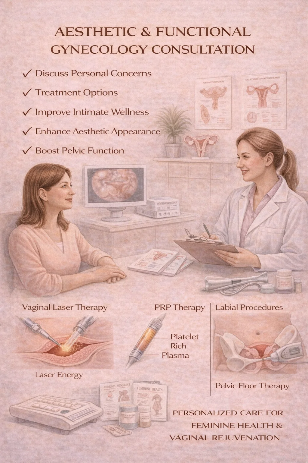 Aesthetic & Functional Gynecology Consultation - Medical illustration showing personalized consultation to discuss personal concerns, treatment options, improve intimate wellness, enhance aesthetic appearance, and boost pelvic function including vaginal laser therapy, PRP therapy, and labial procedures