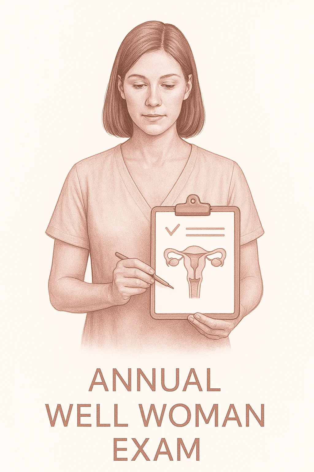 Annual Well-Woman Exam - Medical illustration showing comprehensive preventive gynecology examination checklist for reproductive and pelvic health monitoring