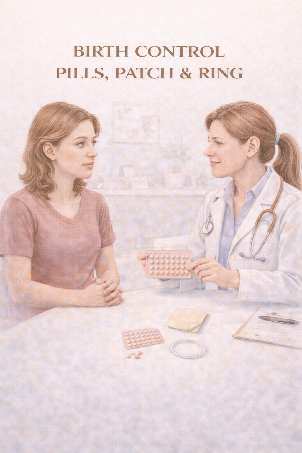 Birth Control Pills, Patch & Ring - Medical illustration showing doctor-patient consultation about hormonal contraceptives including birth control pills, contraceptive patch, and vaginal ring for pregnancy prevention and cycle regulation