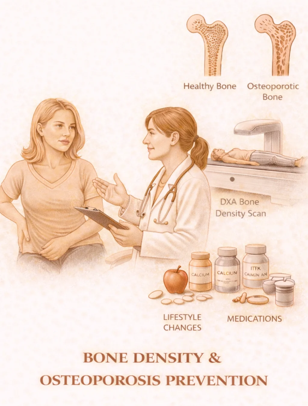 Bone Density & Osteoporosis Prevention - Medical illustration showing healthy bone versus osteoporotic bone comparison, DXA bone density scan, lifestyle changes, and medications including calcium and vitamin D