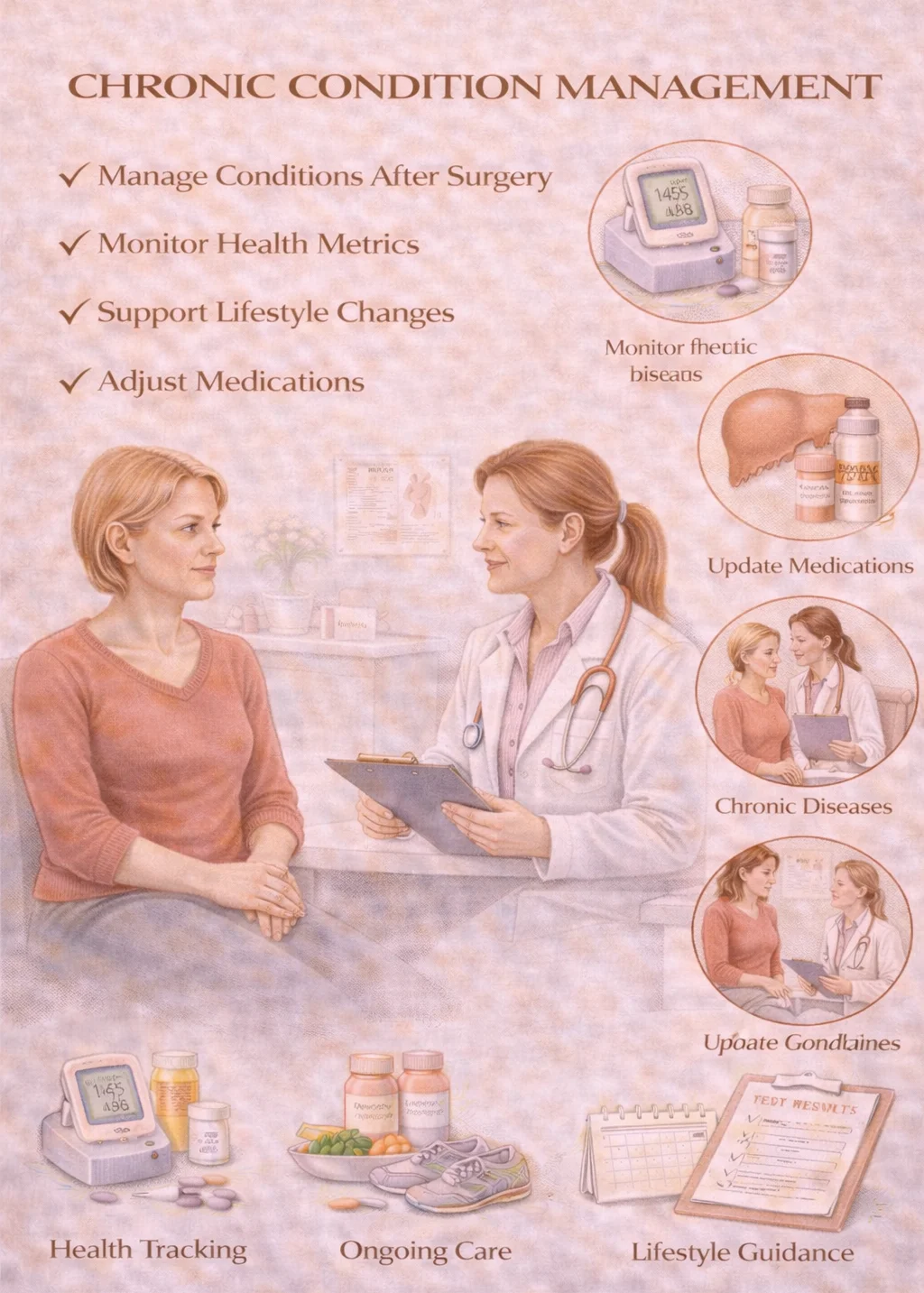 Chronic Condition Management - Medical illustration showing ongoing care for chronic gynecologic conditions with health monitoring, medication updates, lifestyle guidance including tracking devices, medications, nutrition, and test results