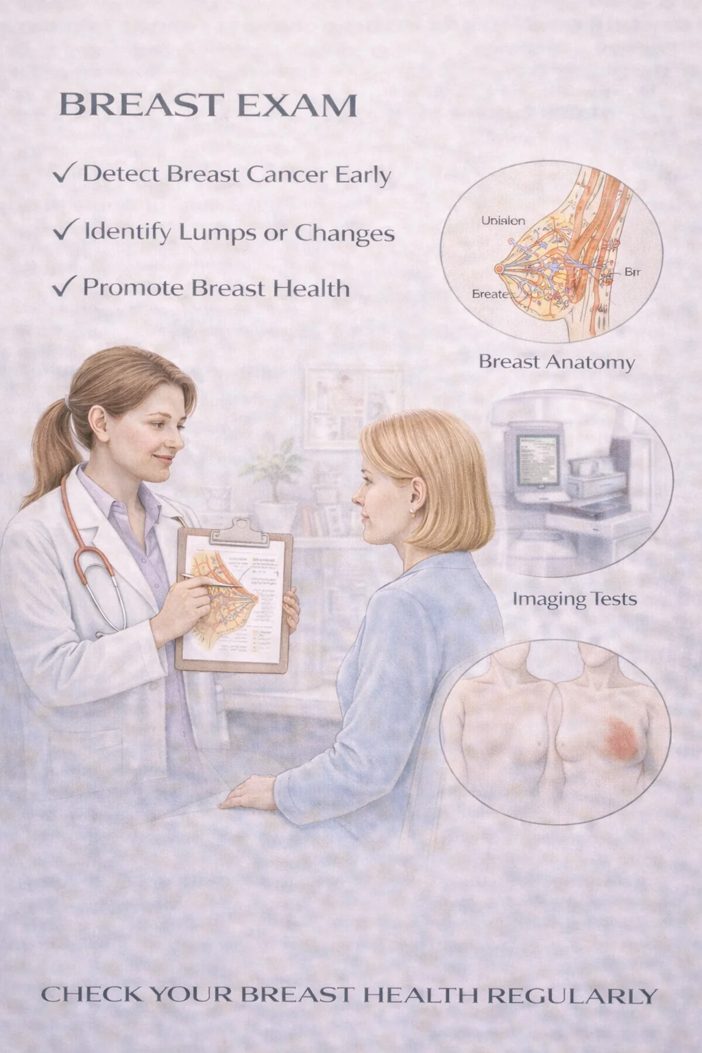 Clinical Breast Exam - Medical illustration showing breast health screening to detect breast cancer early, identify lumps or changes, and promote breast health with breast anatomy and imaging tests