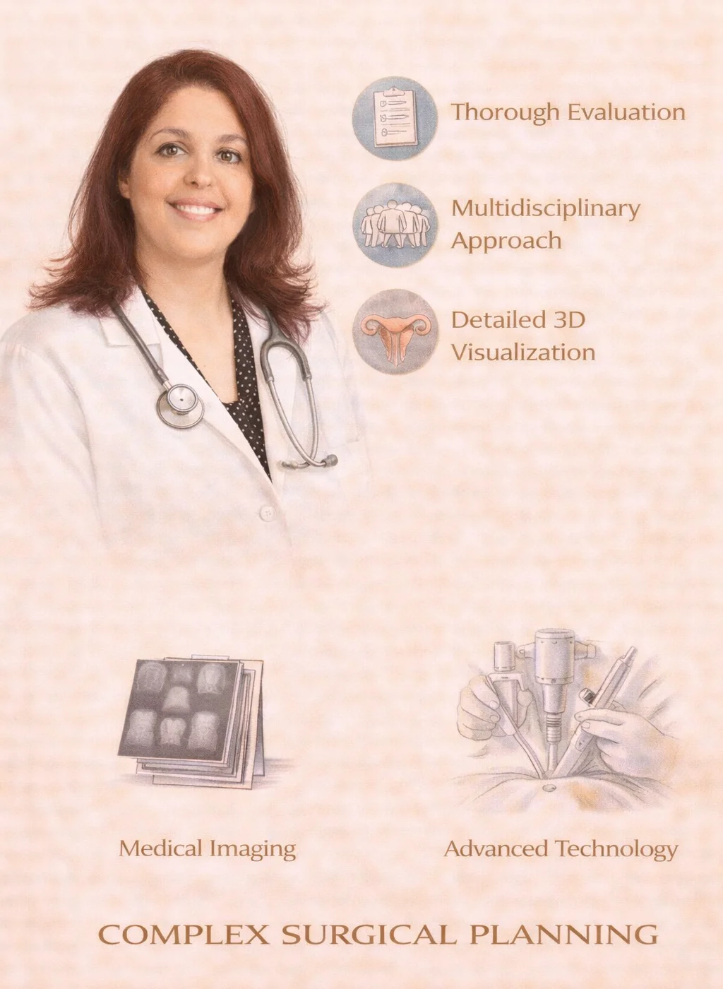 Complex Surgical Planning - Medical illustration showing advanced surgical planning including thorough evaluation, multidisciplinary approach, detailed 3D visualization, and advanced technology