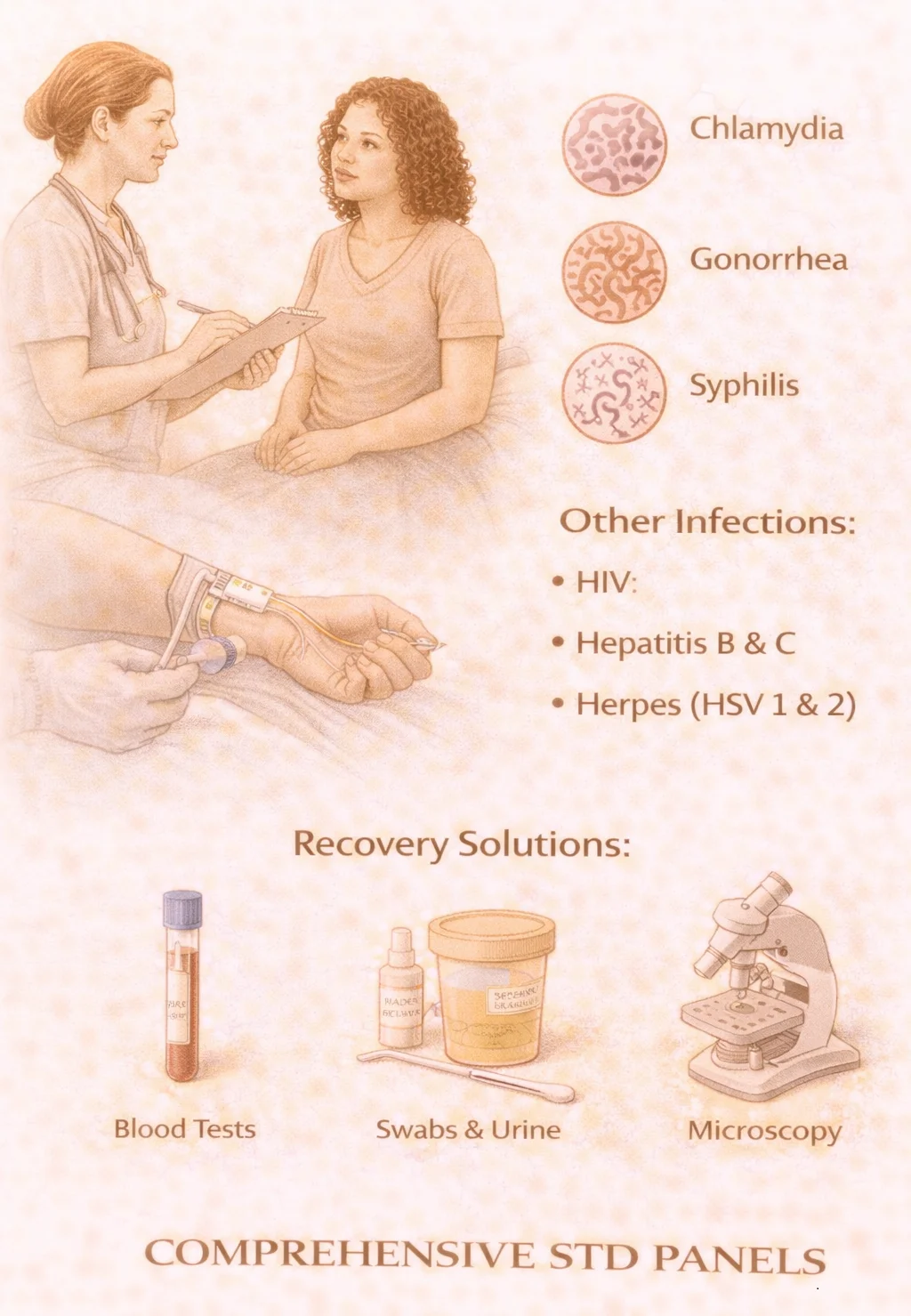 Comprehensive STD Testing Panel - Medical illustration showing STI screening including testing methods for chlamydia, gonorrhea, syphilis, HIV, and other infections