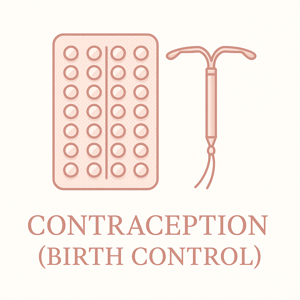 Contraception (Birth Control) - Medical illustration showing birth control pill pack and IUD for effective pregnancy prevention and family planning