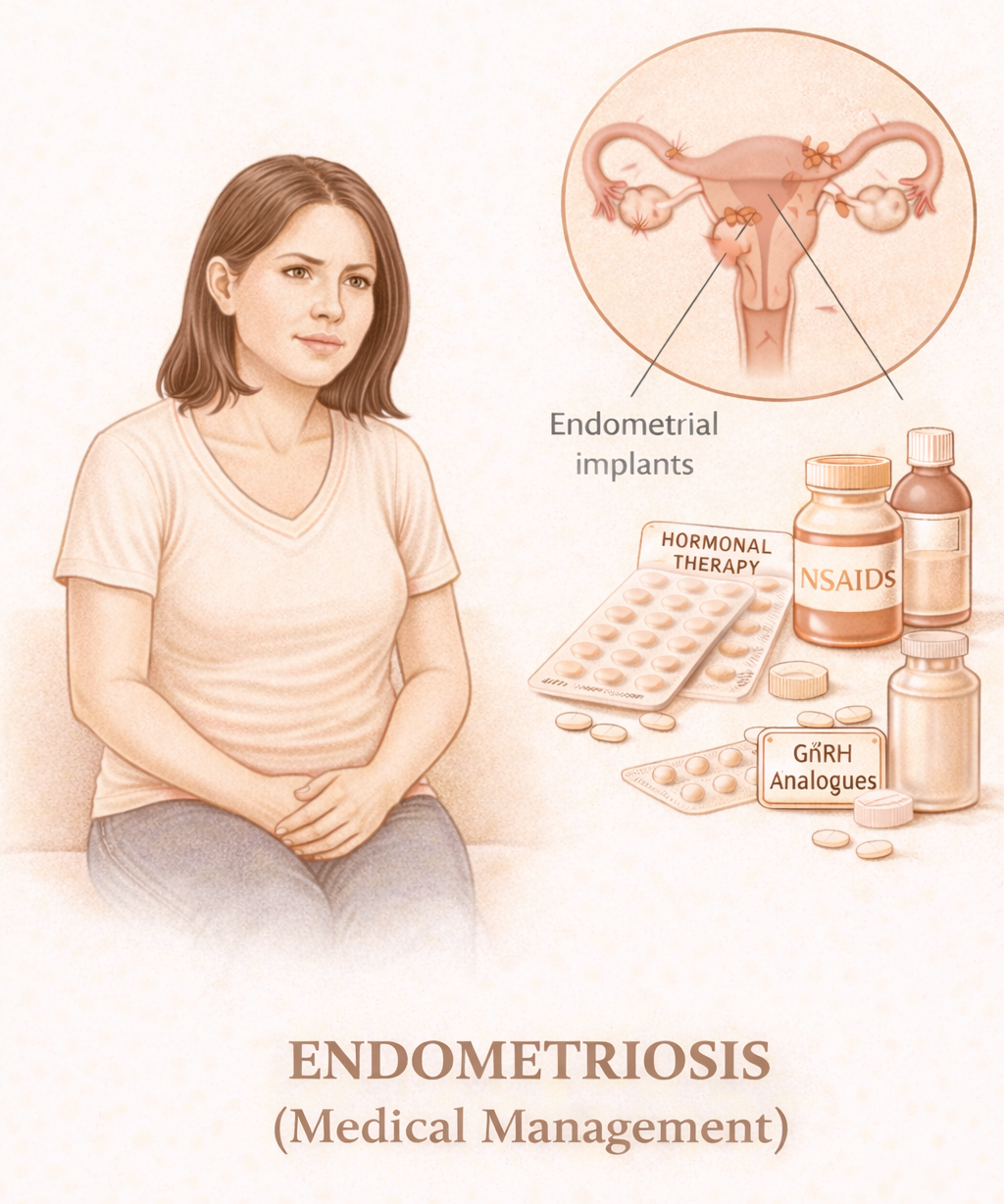 Endometriosis Medical Management - Illustration showing endometrial implants outside the uterus and treatment options including hormonal therapy, NSAIDs, and GnRH analogues