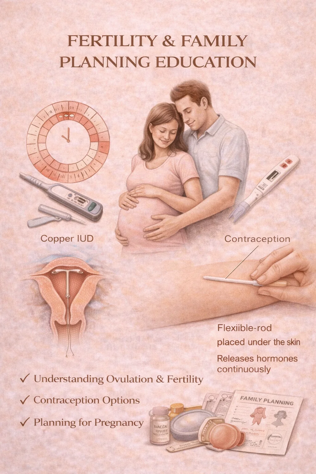 Fertility & Family Planning Education - Medical illustration showing ovulation tracking, contraception options including copper IUD and contraceptive implant, and planning for pregnancy
