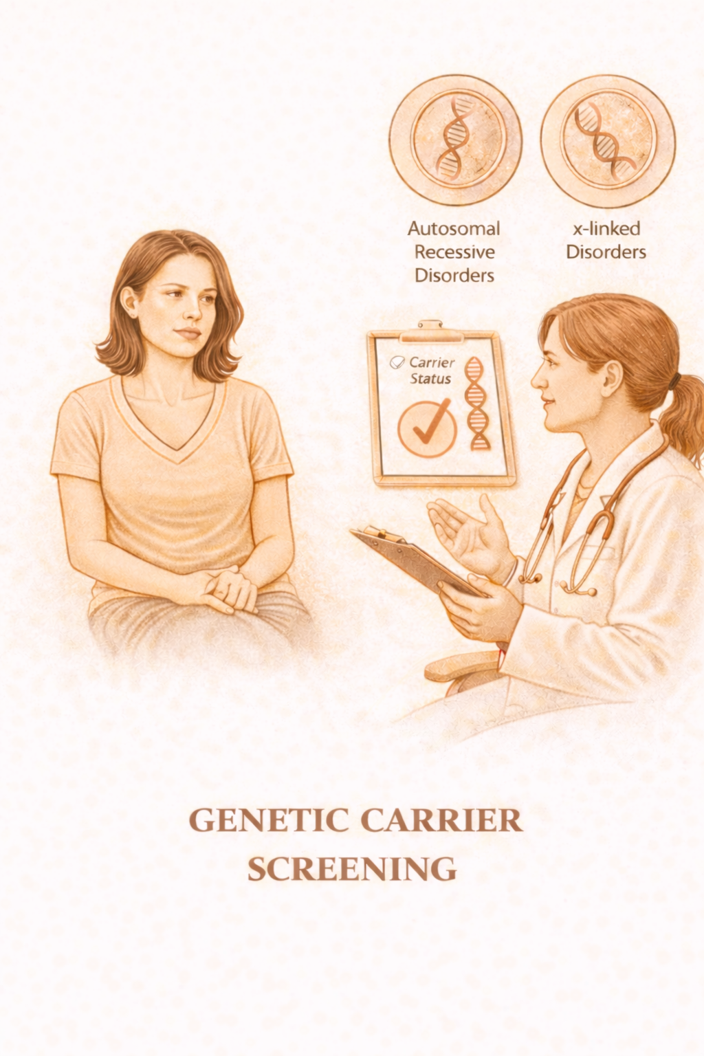 Genetic Carrier Screening - Medical illustration showing doctor-patient consultation about genetic testing for autosomal recessive disorders and x-linked disorders including carrier status determination for family planning