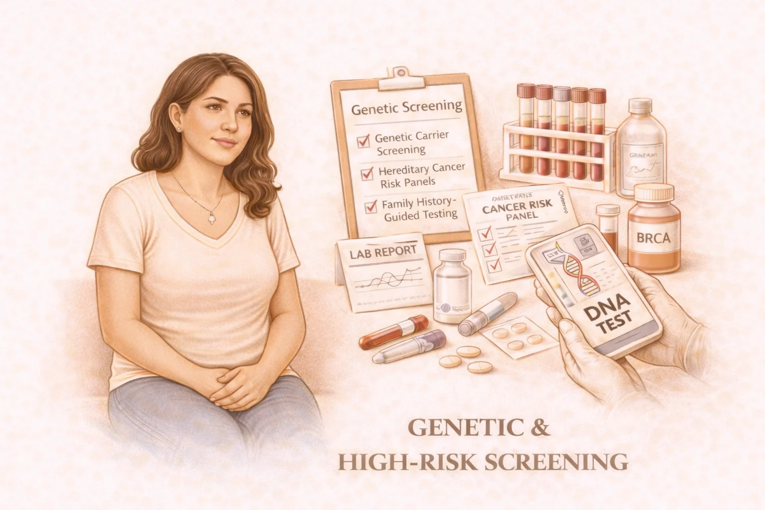 Genetic & High-Risk Screening - Medical illustration showing genetic testing including carrier screening, cancer risk panels, and DNA analysis