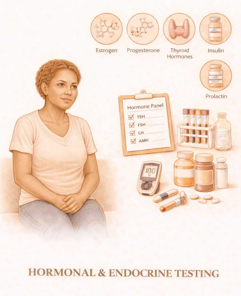Hormonal & Endocrine Testing - Medical illustration showing hormone panel testing including thyroid, insulin, and reproductive hormones