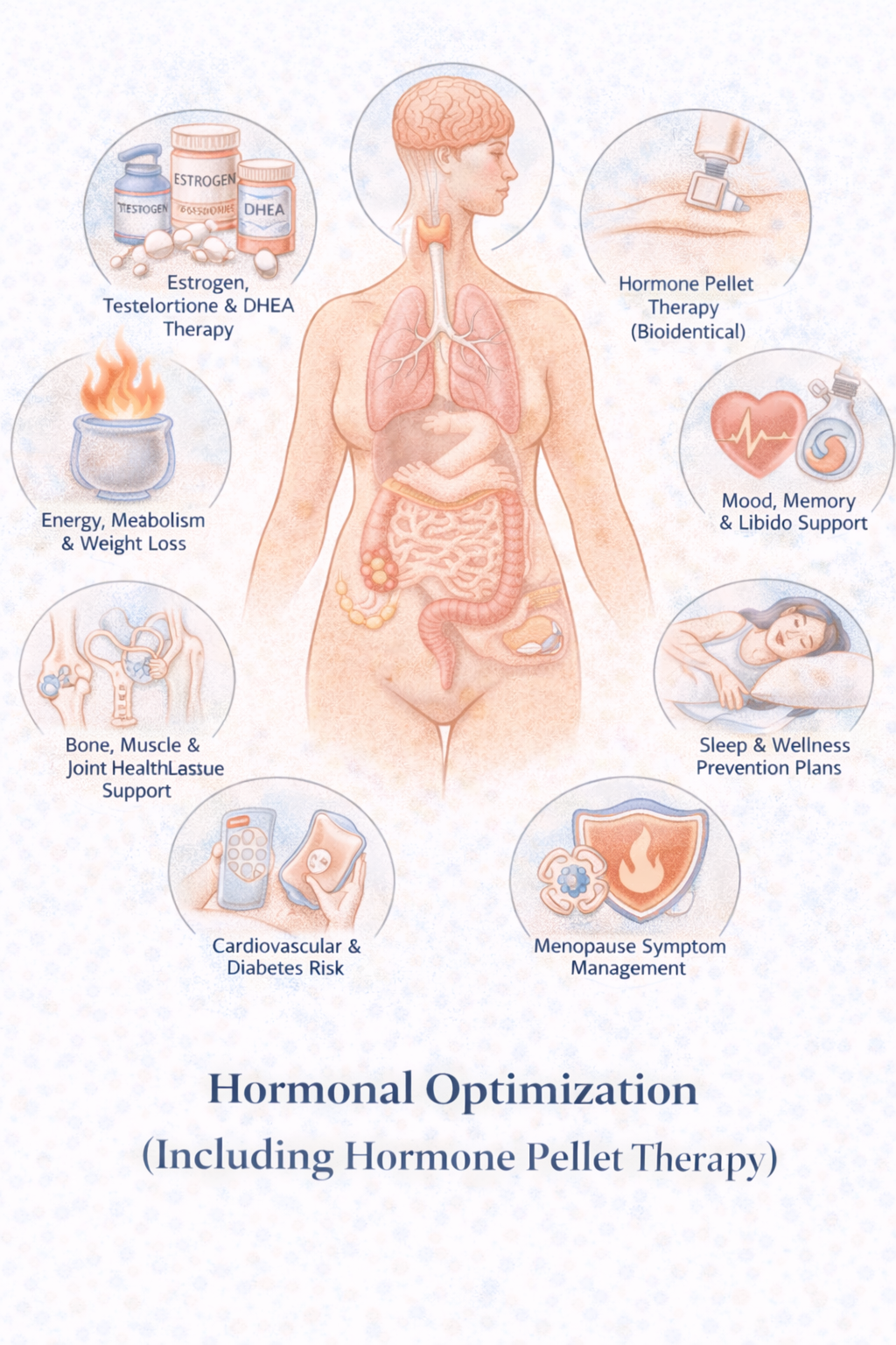 Hormonal Optimization - Medical illustration showing comprehensive hormone therapy including estrogen, testosterone, and DHEA therapy, hormone pellet therapy (bioidentical), energy and metabolism support, bone and joint health, cardiovascular and diabetes risk management, mood and libido support, sleep and wellness prevention plans, and menopause symptom management