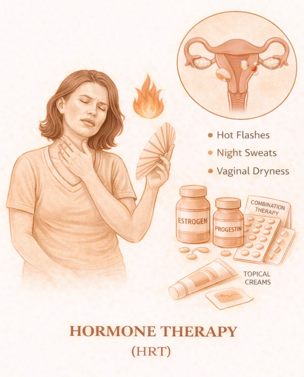 Hormone Therapy (HRT) for Menopause - Medical illustration showing symptoms including hot flashes, night sweats, and vaginal dryness, with treatment options including estrogen, progestin, combination therapy, and topical creams