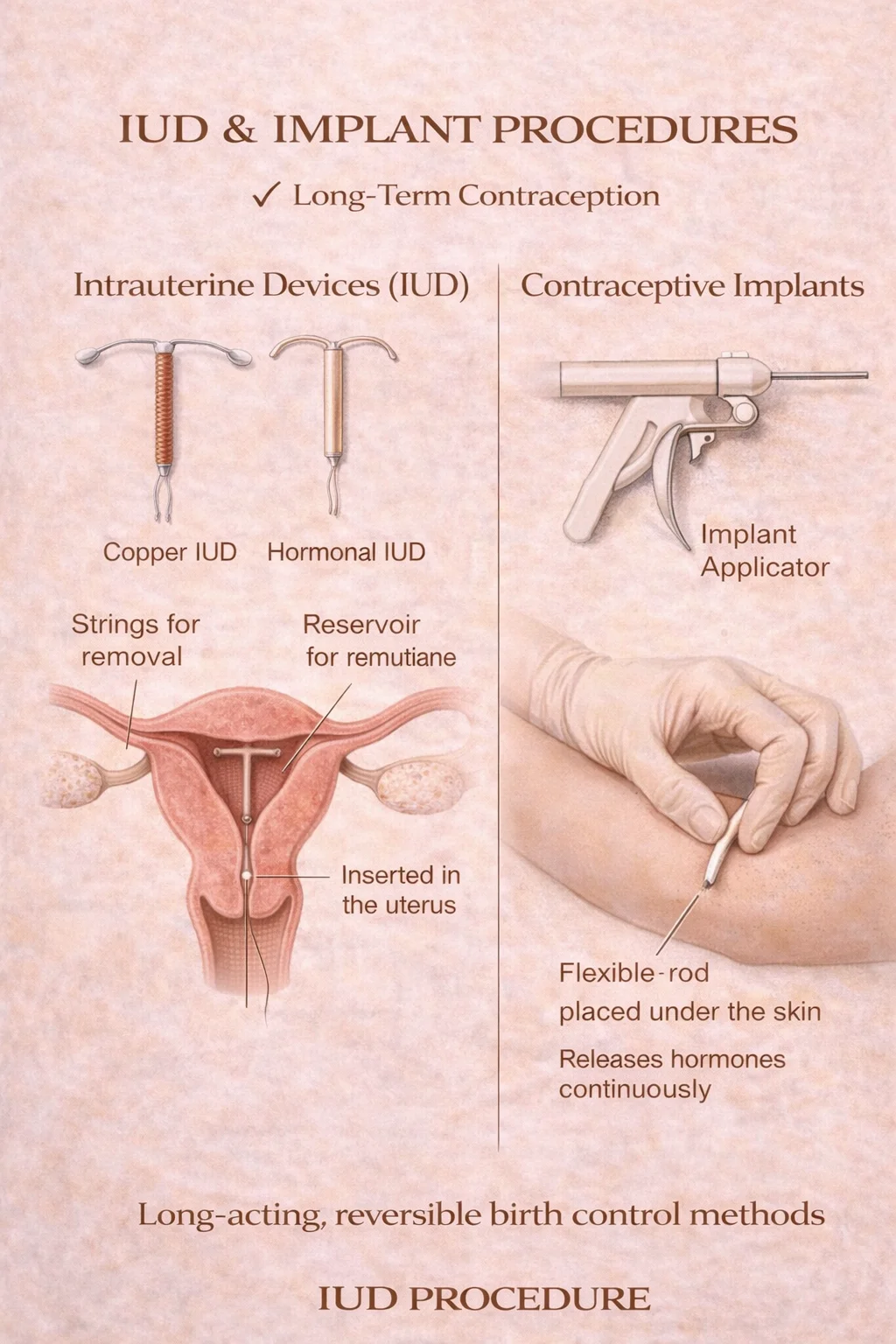 IUD & Implant Procedures - Medical illustration showing long-term contraception including copper IUD, hormonal IUD, and contraceptive implant placement