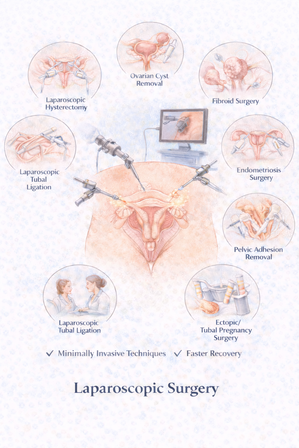 Laparoscopic Surgery - Medical illustration showing minimally invasive techniques including laparoscopic hysterectomy, ovarian cyst removal, fibroid surgery, endometriosis surgery, tubal ligation, pelvic adhesion removal, and ectopic/tubal pregnancy surgery for faster recovery
