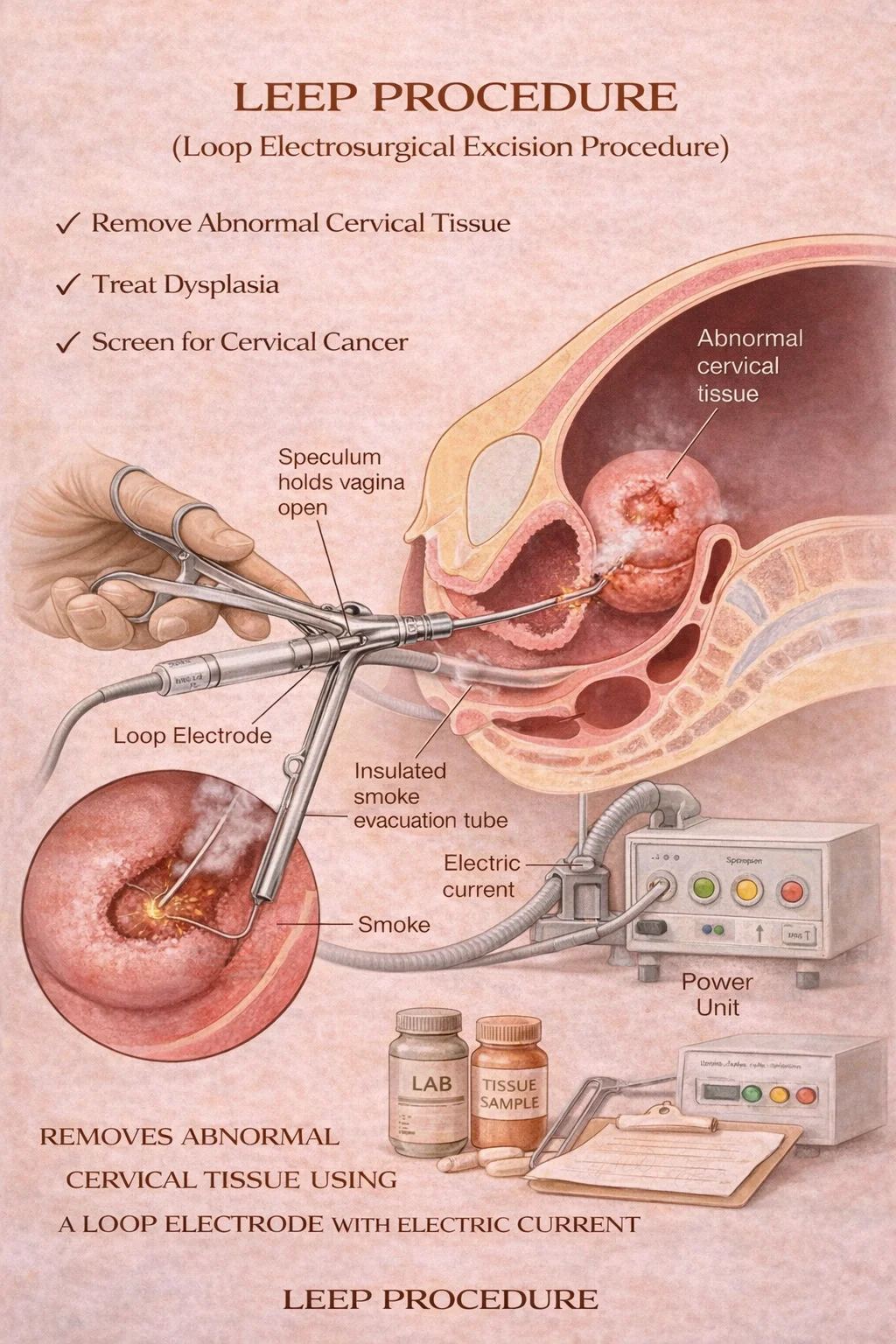 LEEP Procedure - Medical illustration showing loop electrosurgical excision procedure to remove abnormal cervical tissue, treat dysplasia, and screen for cervical cancer