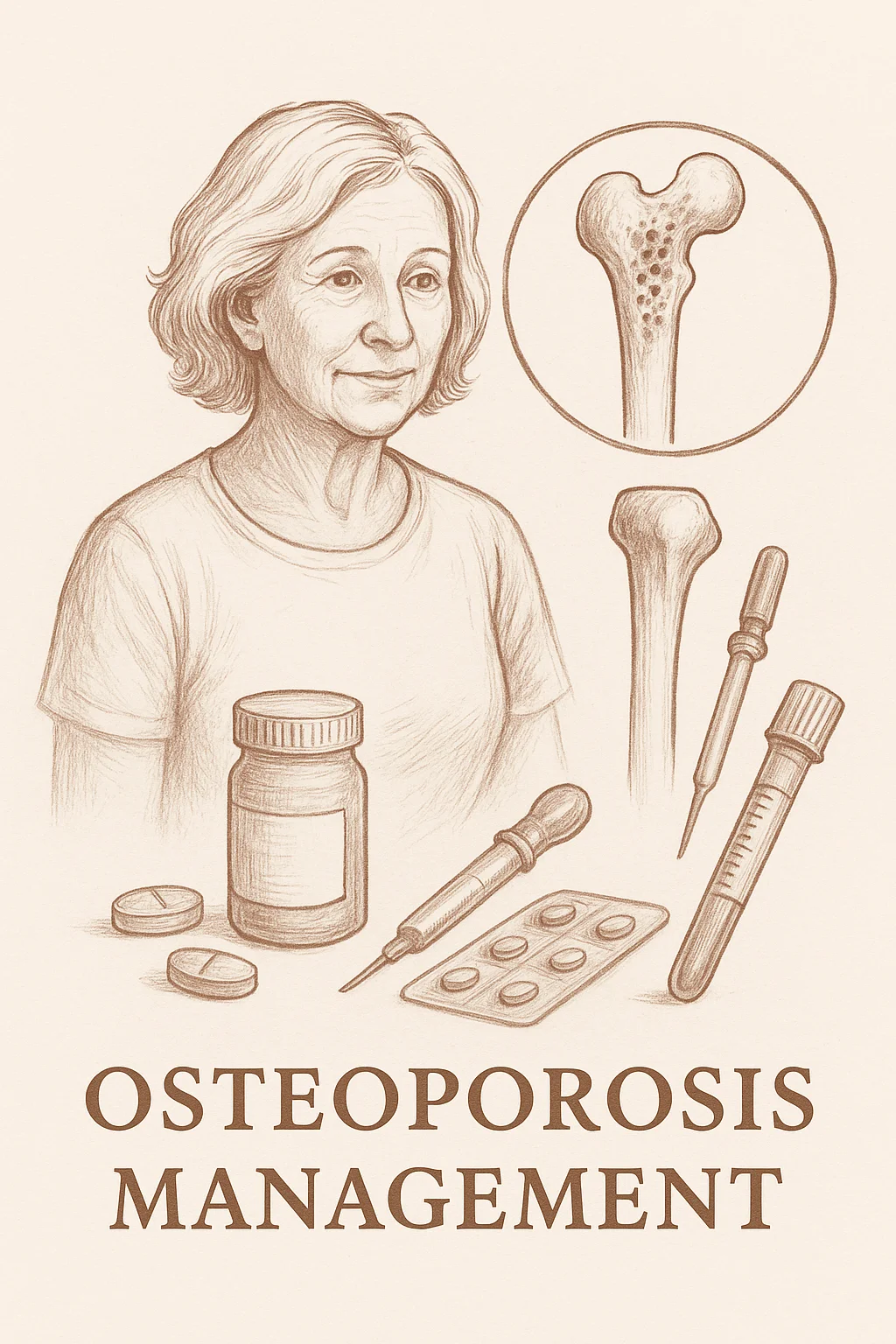 Osteoporosis Management - Medical illustration showing bone health screening, calcium and vitamin D supplements, medications, and bone density testing for fracture prevention