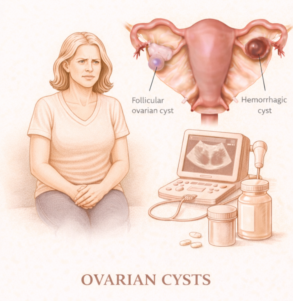 Ovarian Cysts - Medical illustration showing follicular and hemorrhagic ovarian cysts with ultrasound imaging and treatment options