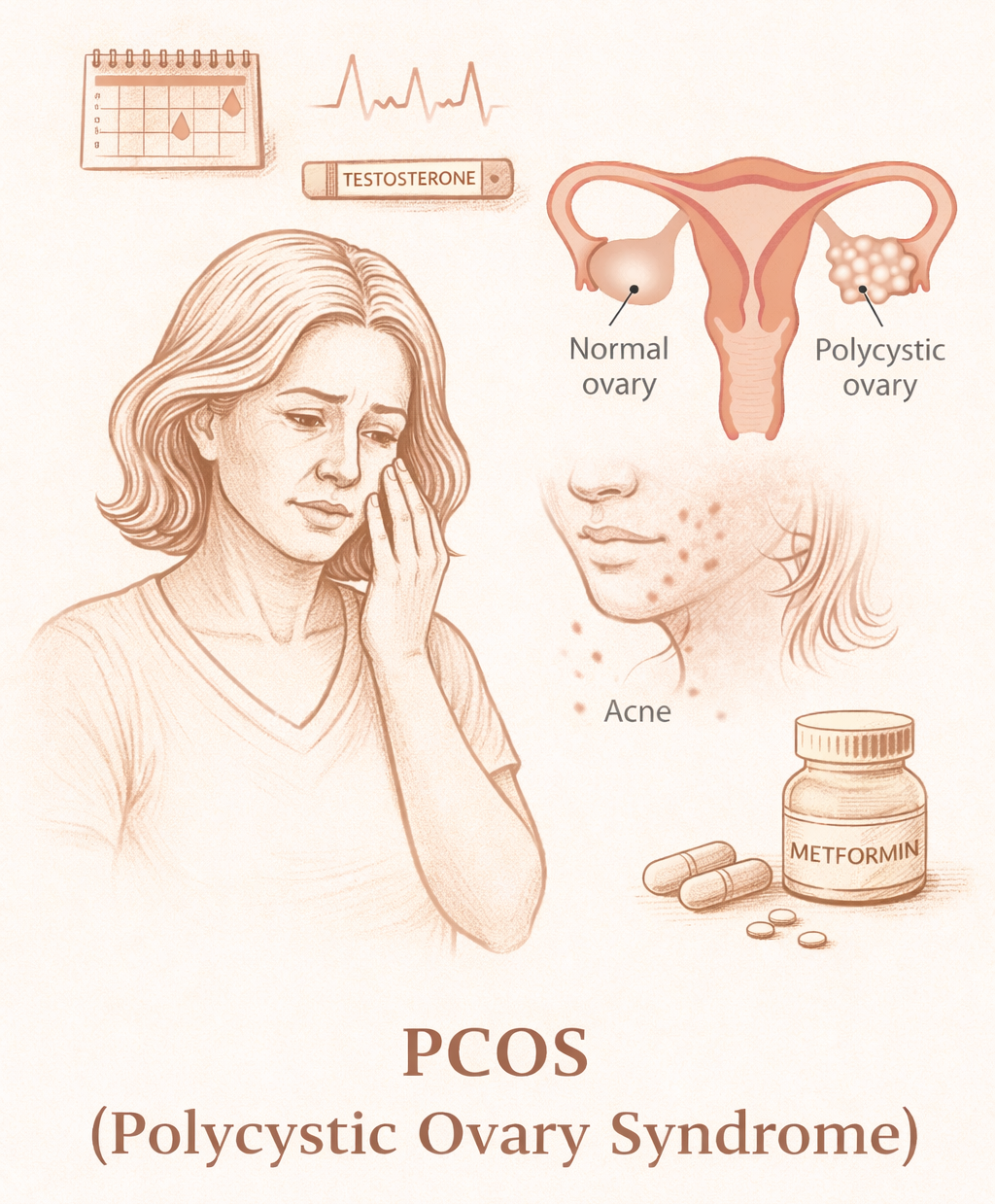 Polycystic Ovary Syndrome (PCOS) - Medical illustration showing normal ovary versus polycystic ovary, symptoms including acne, and treatment options