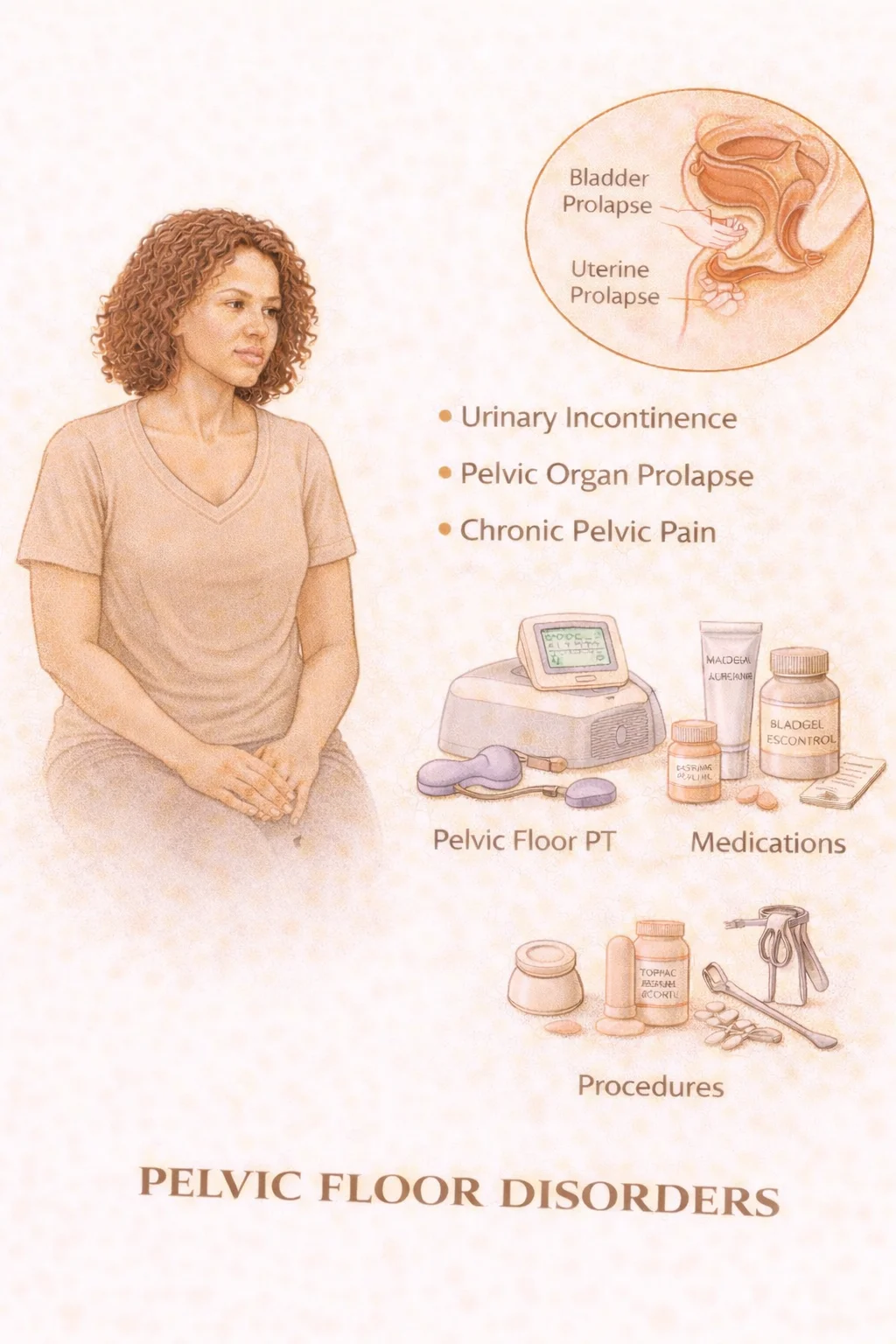 Pelvic Floor Disorders - Medical illustration showing bladder and uterine prolapse symptoms including urinary incontinence, pelvic organ prolapse, and chronic pelvic pain with treatment options