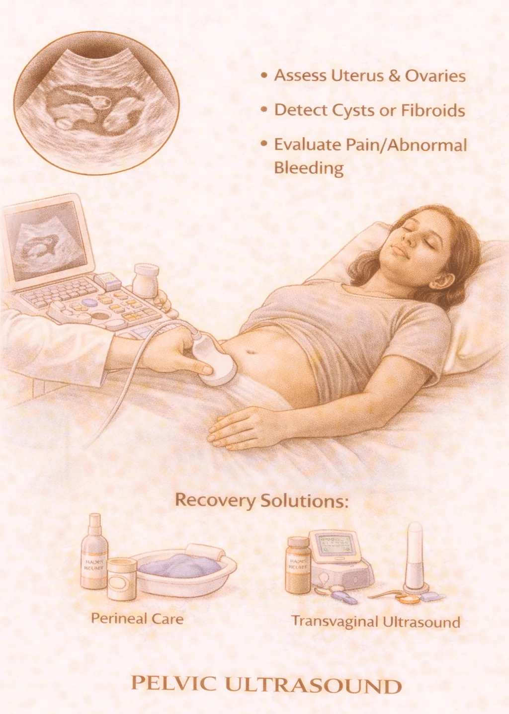 Pelvic Ultrasound - Medical illustration showing ultrasound procedure and diagnostic imaging for uterus and ovaries