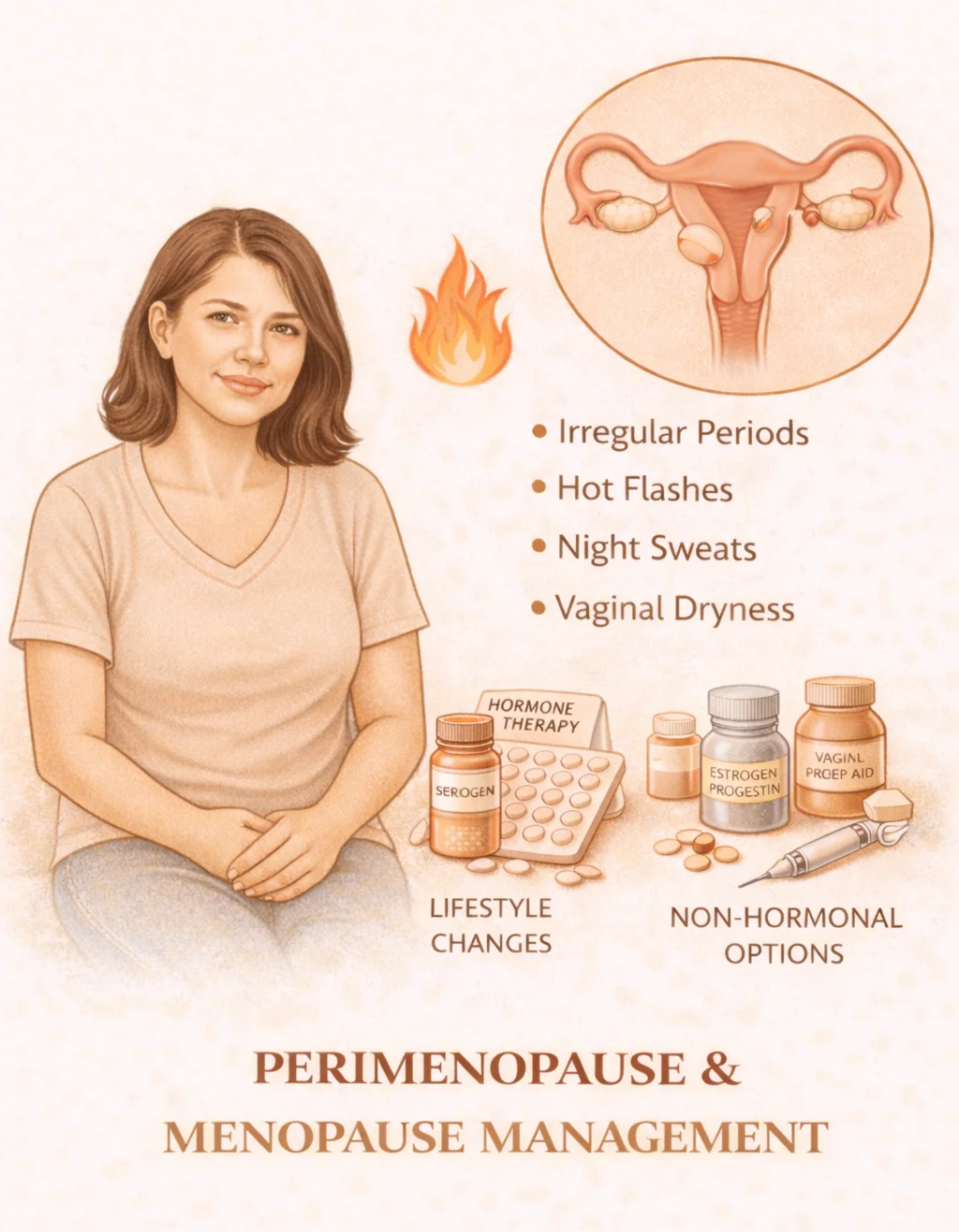 Perimenopause & Menopause Management - Medical illustration showing symptoms including irregular periods, hot flashes, night sweats, and vaginal dryness, with lifestyle changes and non-hormonal treatment options