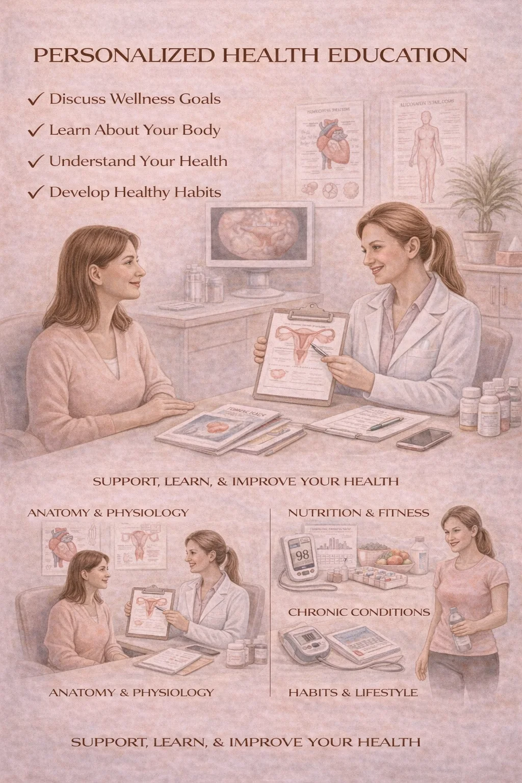 Personalized Health Education - Medical illustration showing patient consultation to discuss wellness goals, learn about your body, understand your health, and develop healthy habits