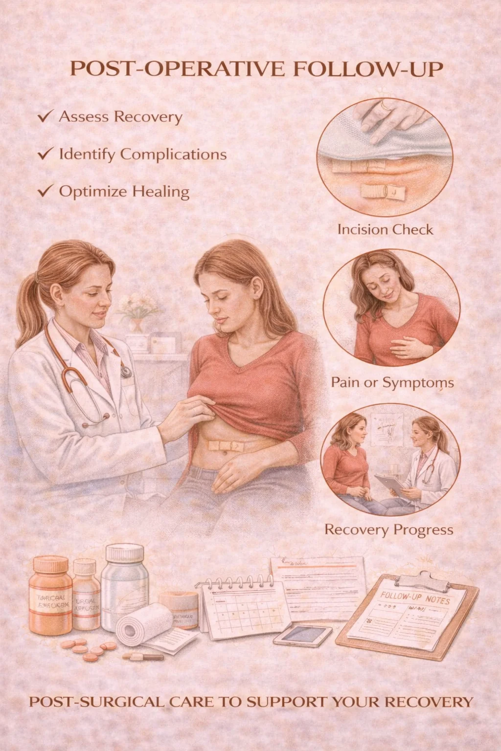 Post-Operative Follow-Up - Medical illustration showing post-surgical care including incision check, pain and symptoms monitoring, recovery progress assessment with medications, scheduling, and follow-up notes