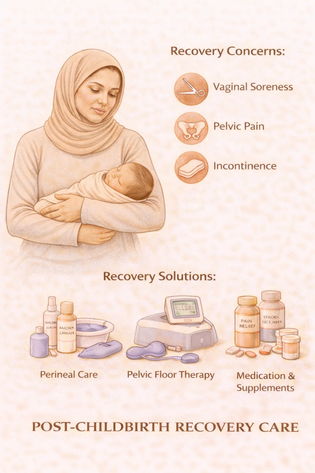 Post-Childbirth Recovery Care - Medical illustration showing postpartum recovery concerns including vaginal soreness, pelvic pain, and incontinence with recovery solutions including perineal care, pelvic floor therapy, and medications