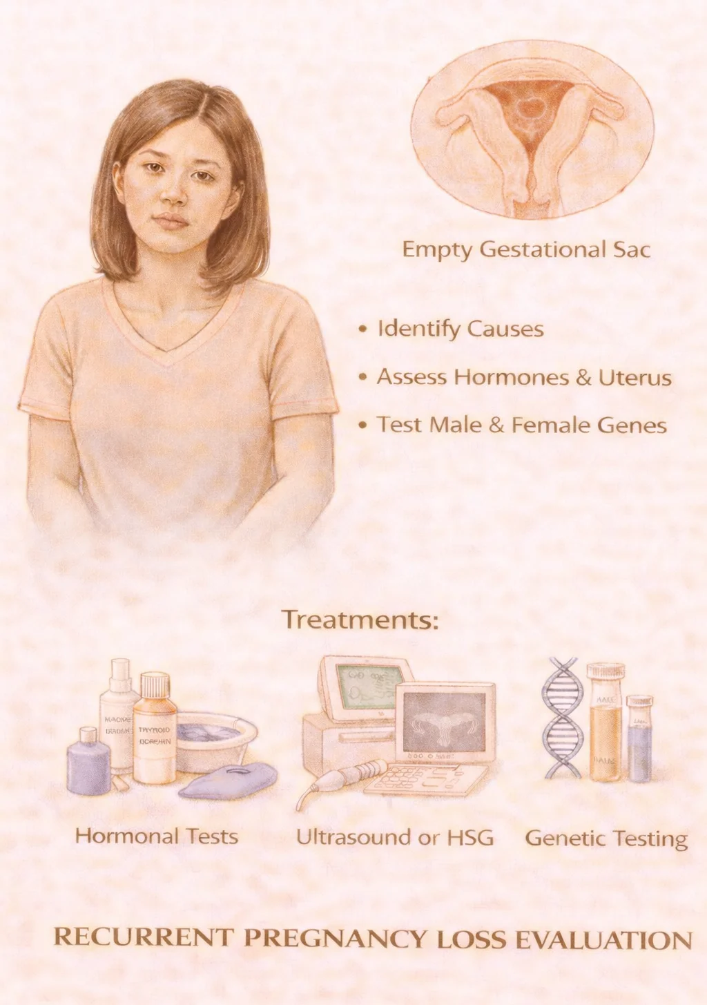 Recurrent Pregnancy Loss Evaluation - Medical illustration showing evaluation process including hormonal tests, ultrasound imaging, and genetic testing