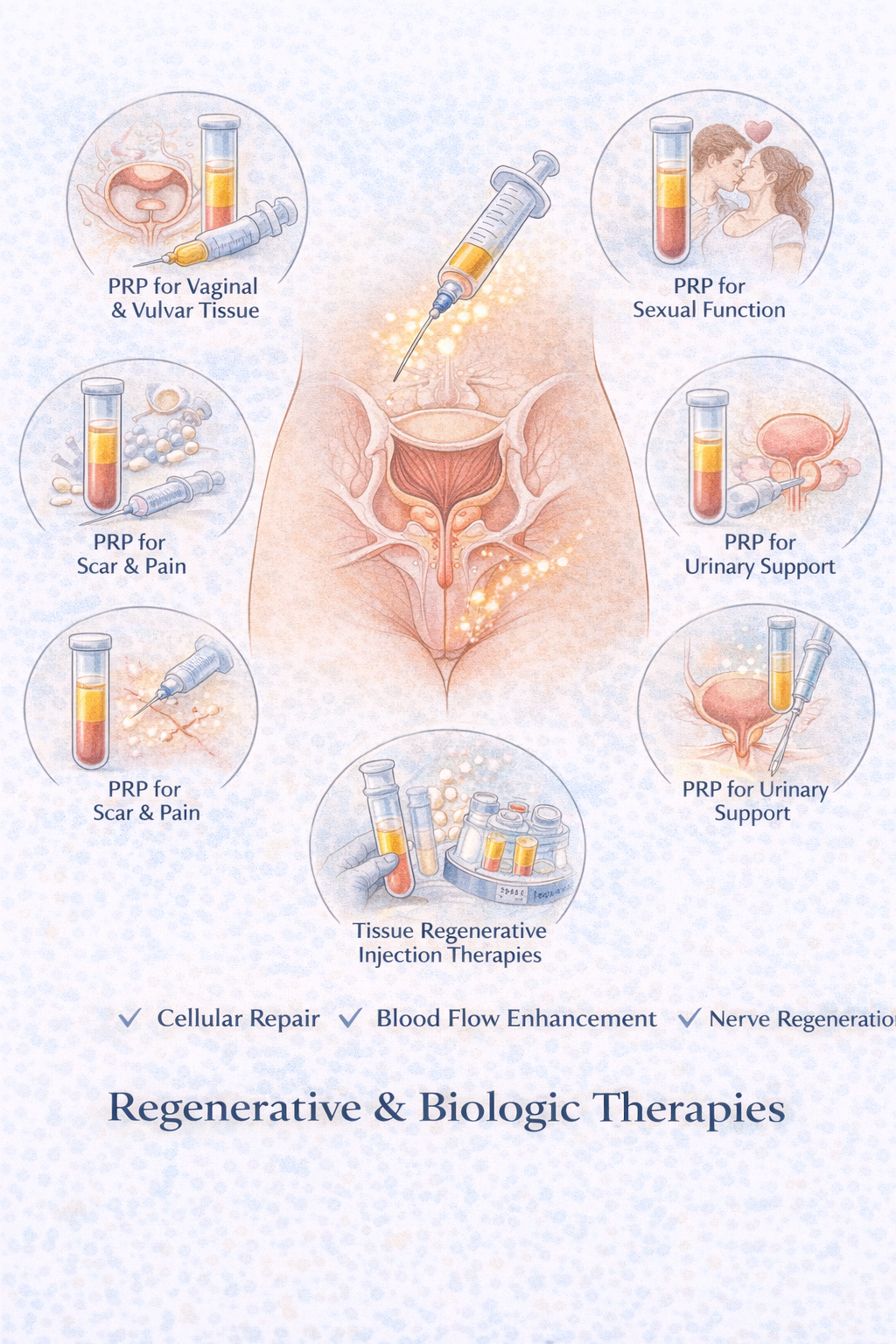 Regenerative & Biologic Therapies - Medical illustration showing PRP (platelet-rich plasma) treatments for vaginal and vulvar tissue, sexual function enhancement, scar and pain management, urinary support, and tissue regenerative injection therapies for cellular repair, blood flow enhancement, and nerve regeneration