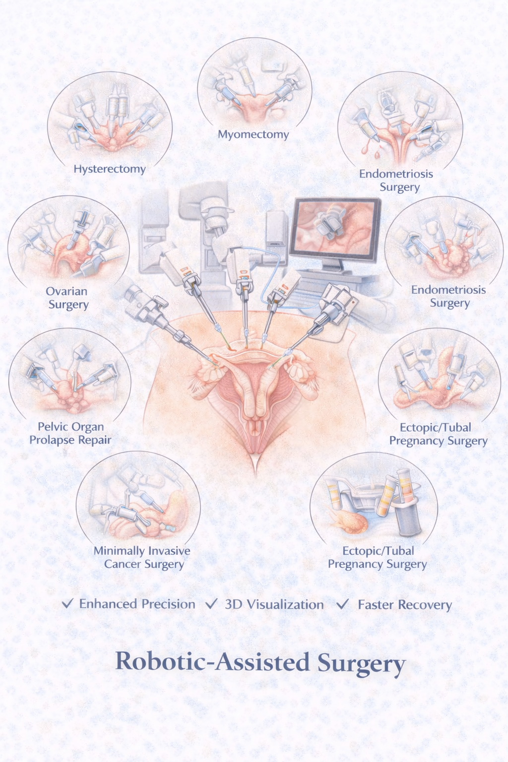 Robotic-Assisted Surgery - Medical illustration showing advanced robotic surgical procedures including hysterectomy, myomectomy, ovarian surgery, endometriosis surgery, pelvic organ prolapse repair, minimally invasive cancer surgery, and ectopic/tubal pregnancy surgery with enhanced precision, 3D visualization, and faster recovery