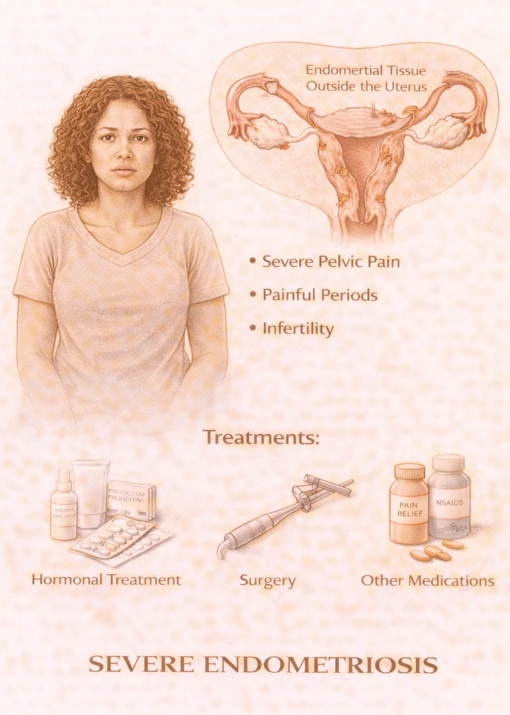 Severe Endometriosis - Medical illustration showing advanced endometriosis with deep infiltrating disease, symptoms including severe pelvic pain and infertility, and treatment options