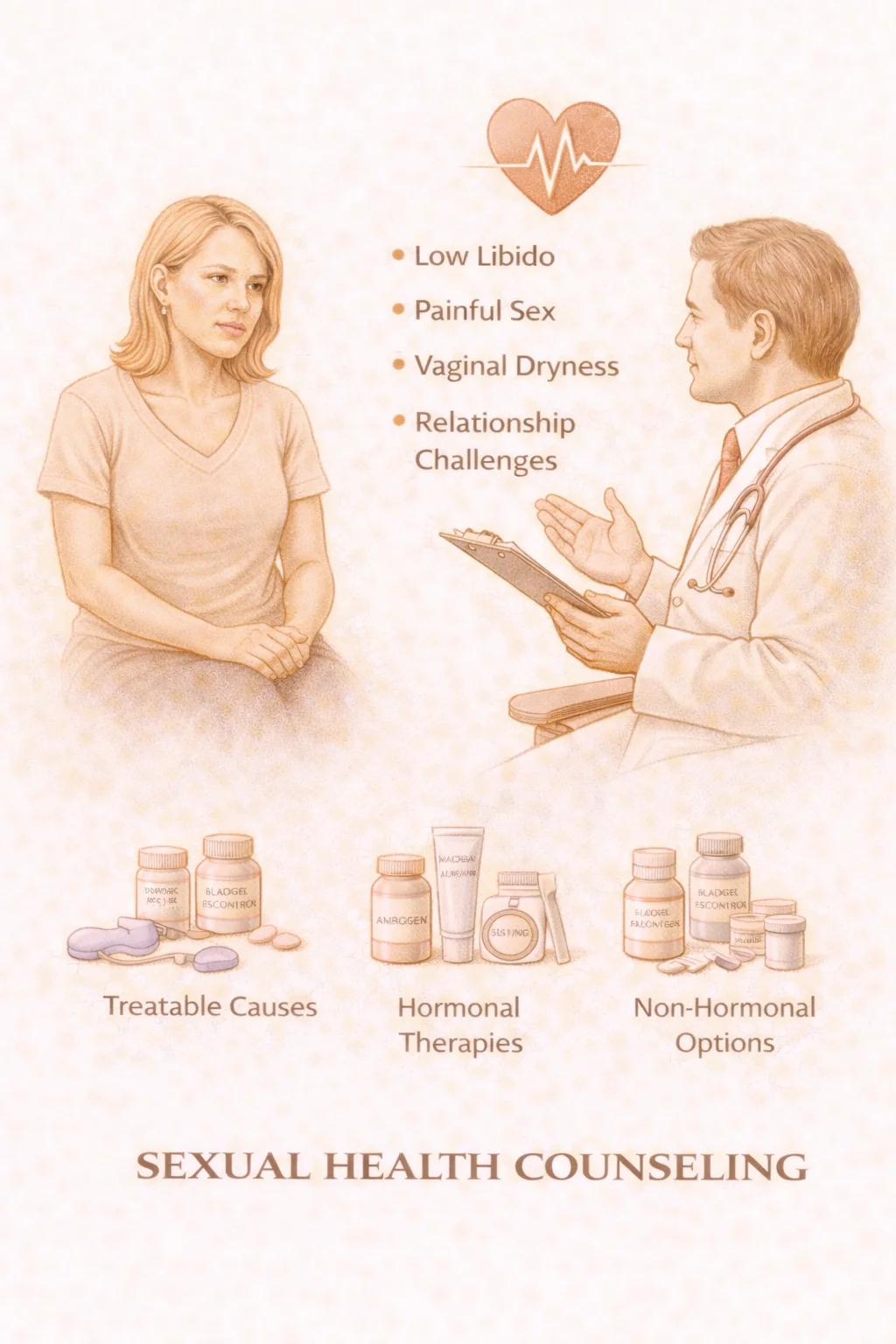 Sexual Health Counseling - Medical illustration showing consultation for sexual health concerns including low libido, painful sex, vaginal dryness, and relationship challenges with treatable causes and treatment options