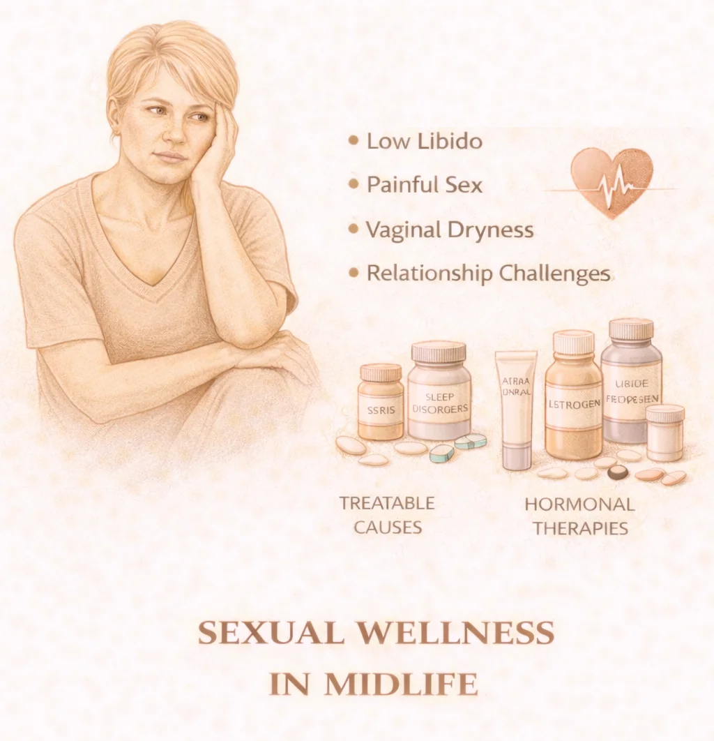 Sexual Wellness in Midlife - Medical illustration showing symptoms including low libido, painful sex, vaginal dryness, and relationship challenges, with treatable causes and hormonal therapy options