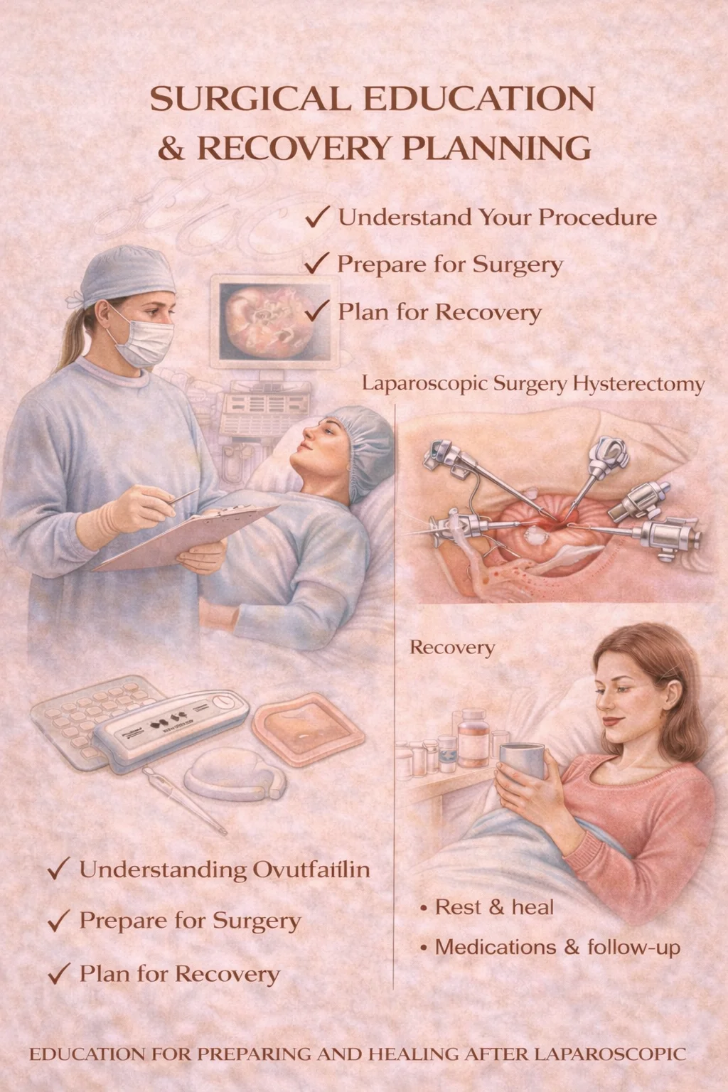 Surgical Education & Recovery Planning - Medical illustration showing pre-operative education to understand your procedure, prepare for surgery, plan for recovery, including laparoscopic surgery hysterectomy visualization and post-operative recovery with medications and follow-up