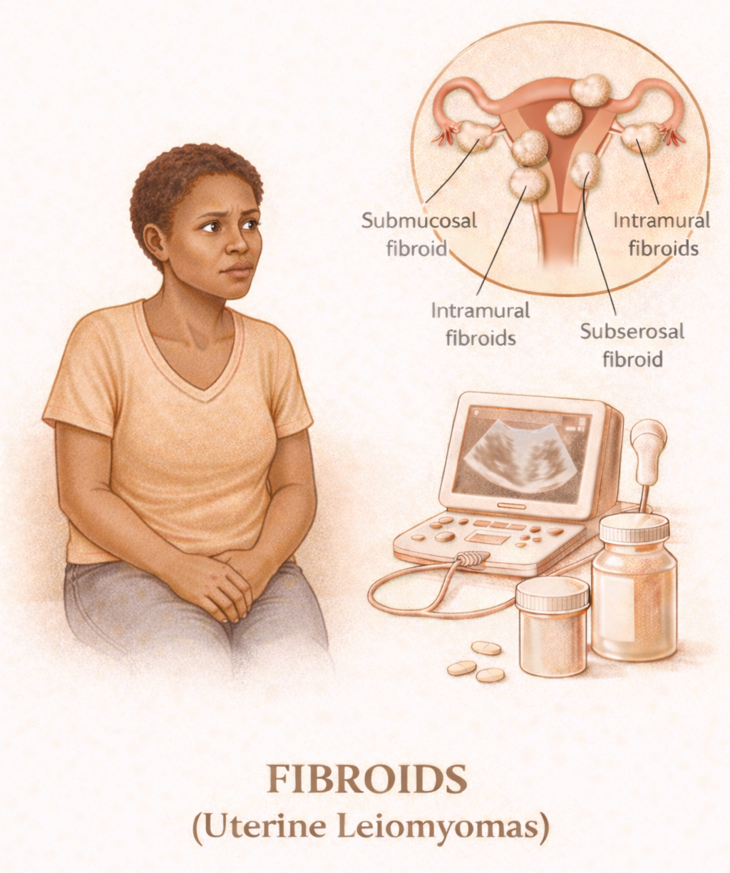 Fibroids (Uterine Leiomyomas) - Medical illustration showing different types of fibroids including submucosal, intramural, and subserosal, with ultrasound and treatment options
