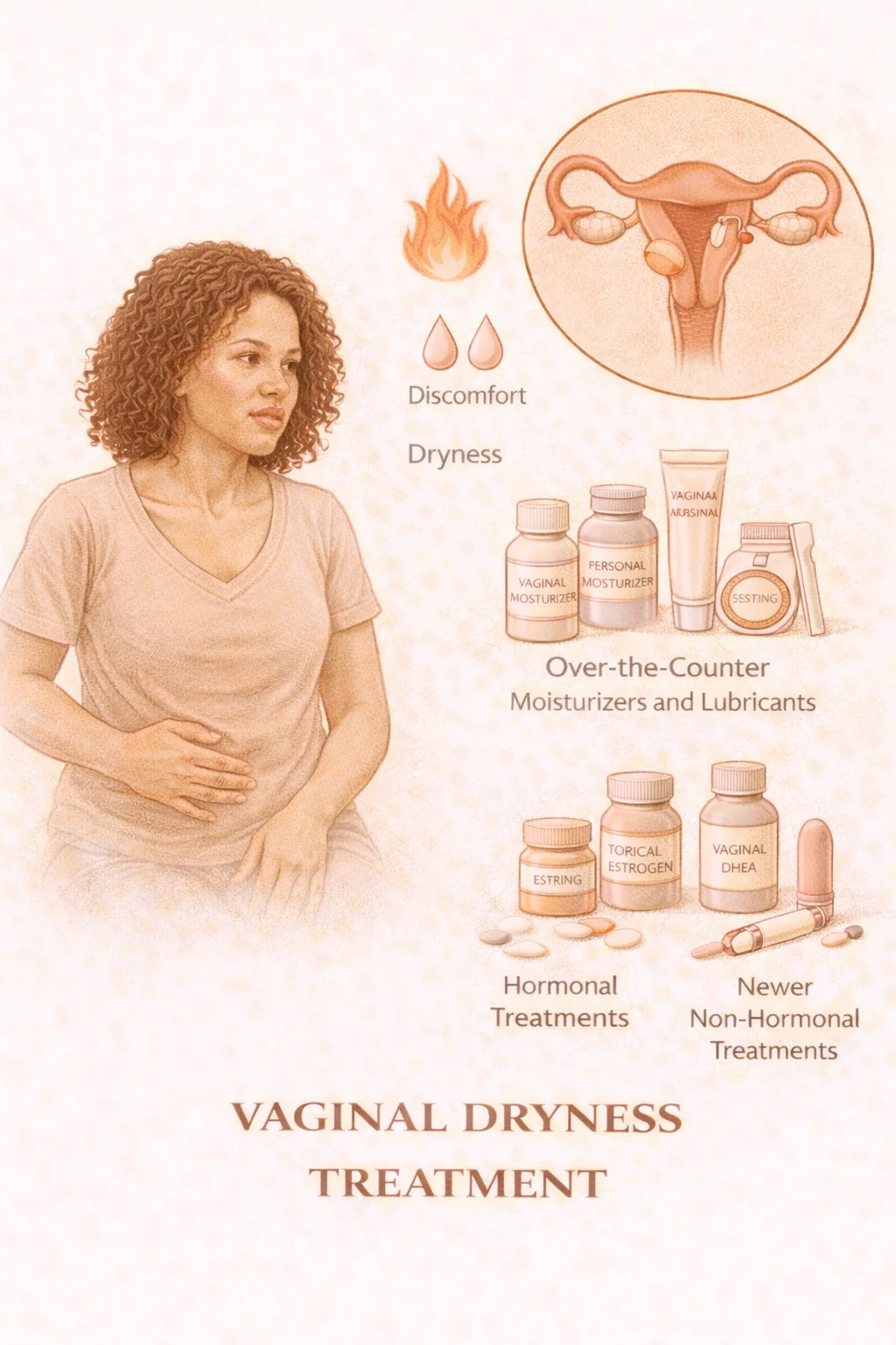 Vaginal Dryness Treatment - Medical illustration showing symptoms of discomfort and dryness with treatment options including over-the-counter moisturizers and hormonal treatments