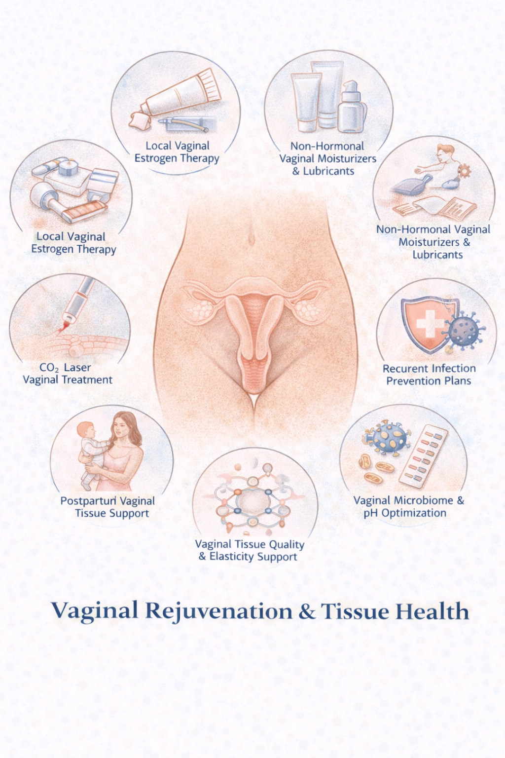 Vaginal Rejuvenation & Tissue Health - Medical illustration showing comprehensive treatments including local vaginal estrogen therapy, non-hormonal vaginal moisturizers, CO2 laser treatment, postpartum support, vaginal microbiome optimization, and recurrent infection prevention